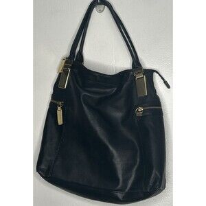 Vtg BANANA REPUBLIC Leather Tote Bag Purse Hobo Black Lagenlook Gold Hardware